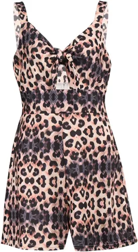 Vista 3 de Amiliashp - Mono corto de verano para mujer con cuello en V, lazo al frente, sexy, diseño floral y estilo bohemio, atuendo de una pieza