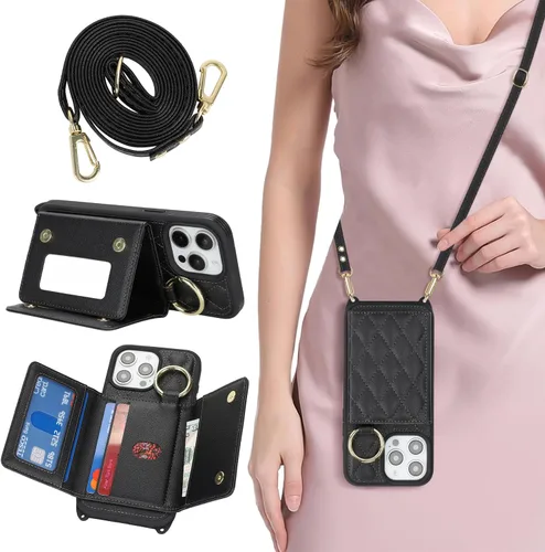 Vista 21 de Funda para iPhone 14 con tarjetero y correa para mujer, cordón cruzado, espejo de maquillaje, soporte de anillo, cierre a presión, bonitas fundas