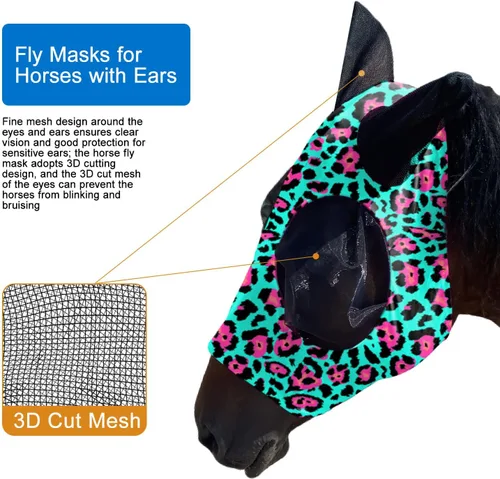 Vista 3 de Máscara de mosca de caballo UV mejorada con orejas, protector solar equino, licra silenciosa, elástica, con protección para los oídos