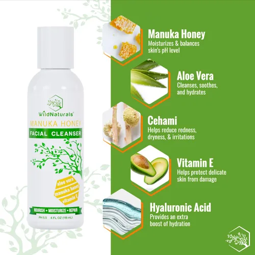 Vista 2 de Lavado facial - Limpiador facial suave con extracto de aloe vera y miel de manuka - Limpiador facial hidratante para piel seca y sensible, limpiador