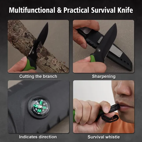 Vista 4 de Cuchillo de caza de hoja fija, hoja de acero inoxidable, cuchillo de hoja fija con funda, arrancador de fuego, sacapuntas, silbato y brújula