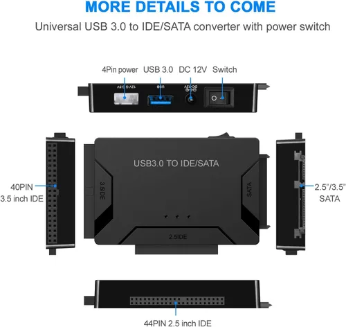 Vista 8 de Adaptador USB 3.0 a IDE SATA lector de disco duro para disco duro HDD/SSD de 2.5/3.5, cable de convección externa de ultra recuperación incluye