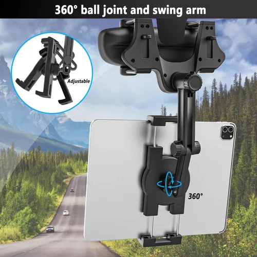 Vista 7 de Soporte para tablet para espejo retrovisor para coche y camión, giratorio y retráctil Rear View Mirror Clip Phone Tablet Holder Upgraded 4 Corners