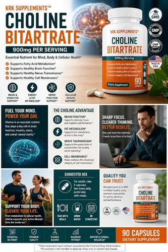 Vista 4 de Bitartrato de colina 900 mg por porción 90 cápsulas KRK SUPPLEMENTS