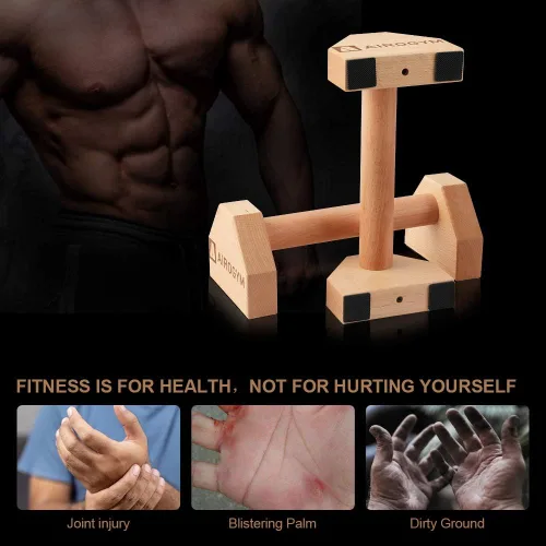 Vista 6 de Soporte de flexión, 2 barras de madera para flexiones, base antideslizante, equipo de entrenamiento en casa, 11.8 pulgadas, mango de paraletas