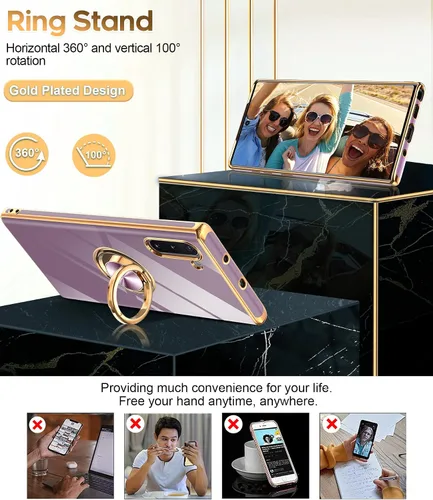 Vista 3 de LeYi Funda para Galaxy Note 10: Soporte de anillo giratorio de 360°, soporte magnético, funda protectora con borde de oro rosa chapado