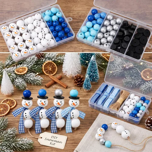 Vista 7 de Yulejo 180 Pcs Christmas Snowman Wooden Plaid Bead Winter Xmas, Blue