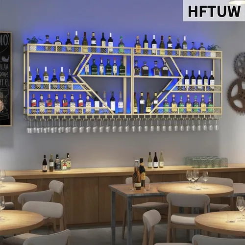 Vista 9 de Estante moderno de 59 pulgadas para vino montado en la pared con luz LED, estantes de barra de pared de metal con soporte para vidrio, estante