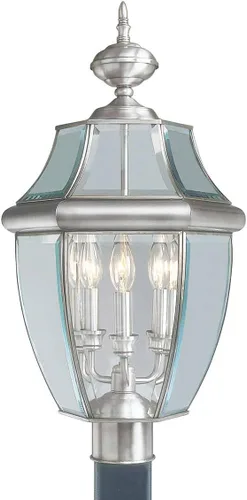 Vista 3 de Livex Lighting 2354-01 Monterey - Cabezal de poste de latón macizo con acabado de latón antiguo para exteriores, 3 luces con vidrio biselado