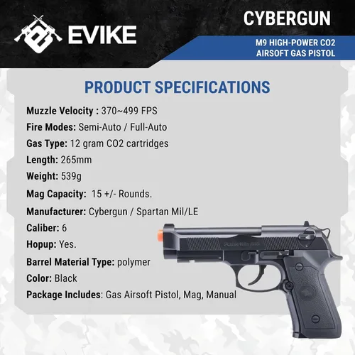 Vista 7 de Evike Airsoft - Win Gun Pistola de aire comprimido de gas Airsoft de alta potencia M9 CO2 - Negro