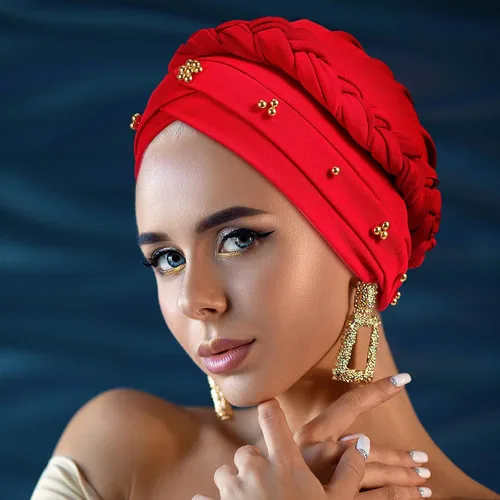 Vista 4 de 6 Pieces Women African Turban Head Wraps Caps Twisted Braid Beaded Elastic Wrap Cap