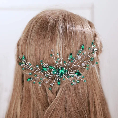 Vista 8 de Aimimier Peine para el cabello de cristal verde nupcial, con diamantes de imitación esmeralda, vid de graduación, fiesta, festival, boda, accesorios