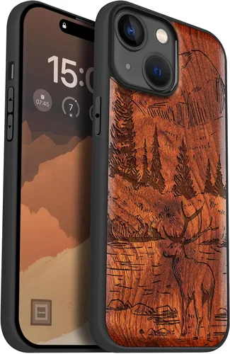 Vista 11 de Carveit Funda magnética de madera para iPhone 15, compatible con cargadores inalámbricos MagSafe, funda negra de TPU suave a prueba de golpes