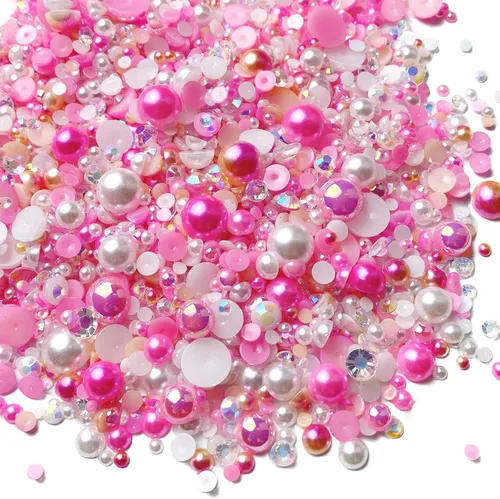 Vista 14 de Diamantes de imitación de resina mixta de 3.53 oz con parte trasera plana, perlas semicirculares, tamaños mixtos de 0.116 a 0.394 pulgadas
