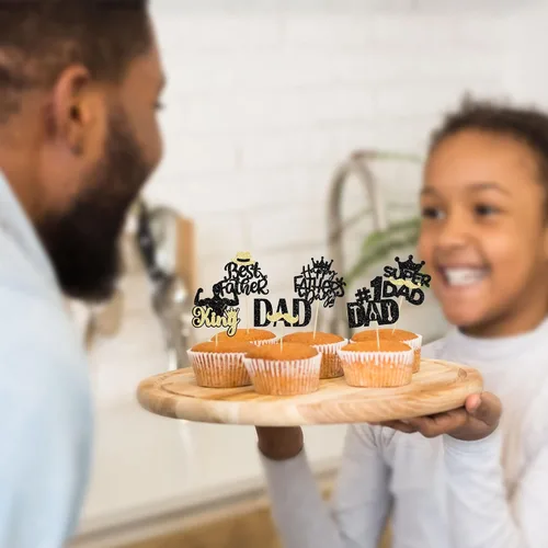 Vista 6 de Gyufise 24 adornos para cupcakes con purpurina para el Día del Padre, diseño de bigote con purpurina, para papá, mejor papá, herramienta