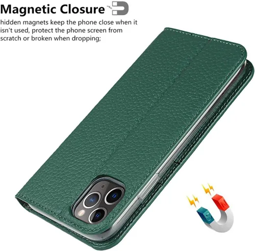 Vista 7 de iCoverCase Compatible con iPhone 11 Pro Max, funda magnética de piel auténtica con bloqueo RFID, correa para la muñeca y ranuras para tarjetas, Verde