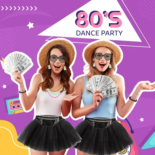 Vista 6 de Vestido elegante de los años 80 para mujeres y niñas, conjunto de accesorios de disfraz de fiesta de los años 80 con falda tutú, traje retro