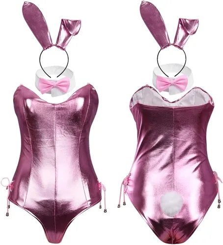 Vista 2 de Disfraz de conejito Senpai para mujer, traje de cosplay de anime de una pieza con orejas de conejo, conjunto de medias
