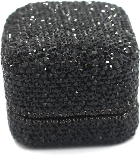 Vista 4 de Caja de anillos de cristal de lujo para aretes, caja de almacenamiento de joyería, caja de regalo para anillo de propuesta, ceremonia, boda, Negro