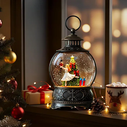 Vista 7 de Linterna de globo de nieve de Navidad con Clara y la Suite Cascanueces, escena operada por batería o USB, luz musical, decoración festiva iluminada
