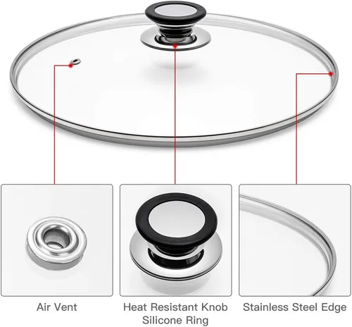 Vista 3 de Tapa de vidrio para sartén, sartén, sartén y tapa de sartén con mango recubierto de anillo de silicona, 9.5 pulgadas, transparente