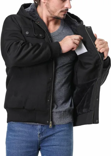 Vista 3 de MOERDENG Chaqueta de utilidad de ajuste relajado para hombre, forro polar de pato lavado, múltiples bolsillos, abrigo con capucha de invierno