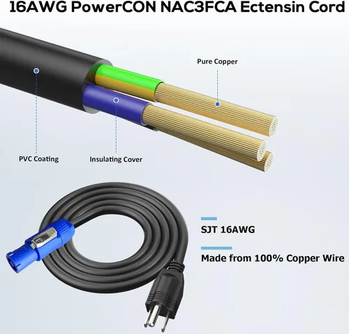 Vista 3 de Cable de alimentación de CA de 3 clavijas NEMA 5-15P a PowerCON 20 A, conector macho de entrada PowerCon de 3 pines a NEMA 5-15P, cable