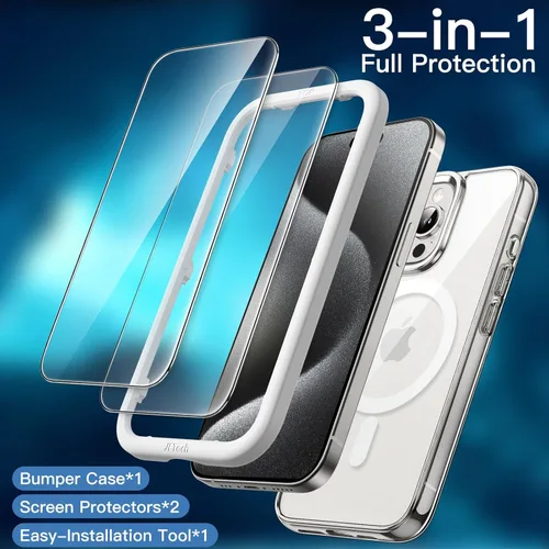Vista 3 de JETech Funda magnética 3 en 1 para iPhone 15 Pro de 6.1 pulgadas con 2 protectores de pantalla de vidrio templado, compatible con MagSafe, funda