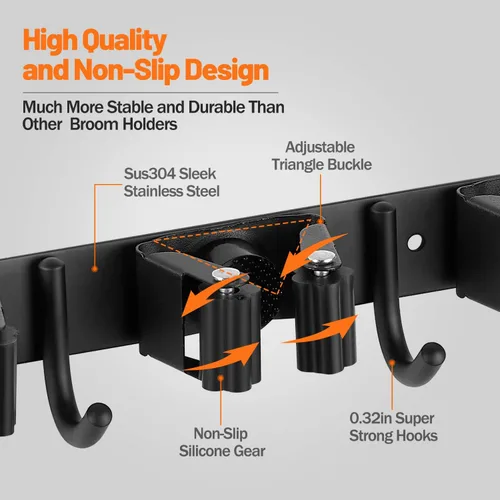 Vista 4 de Soporte de pared para escoba, organizador de escoba de acero inoxidable, soporte de escoba y escoba montado en la pared, resistente colgador