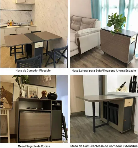 Vista 8 de FUNROLUX Drop Leaf Folding Dining Table with Storage, 2 Drawers, Grey Gris