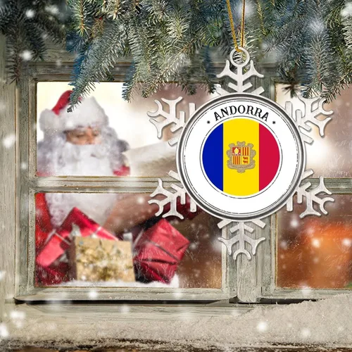 Vista 6 de Adornos de bandera de Andorra para árbol de Navidad, bandera nacional, silueta de Andorra, decoraciones de árbol de Navidad, copo de nieve, metal