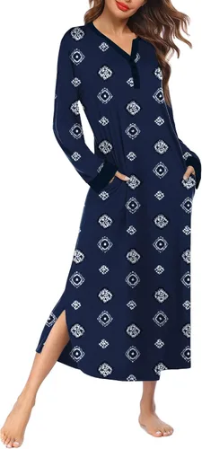 Vista 2 de Ekouaer Camisón largo para mujer con cuello en V, ropa de dormir de longitud completa con bolsillos