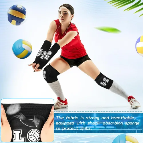 Vista 5 de Ramede Rodilleras de voleibol y mangas para brazos con almohadilla de protección, antebrazo, codo con orificio para el pulgar, accesorios