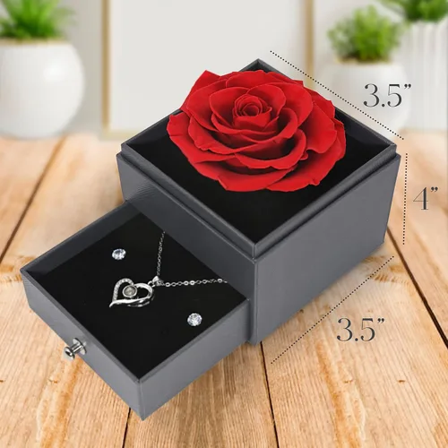 Vista 7 de GLAMOUR BOUTIQUE Preserved Rose in a Box with I Love You Necklace in 100 Languages - Enchanted Flower Jewelry Set with Silver Stud Earrings Gifts