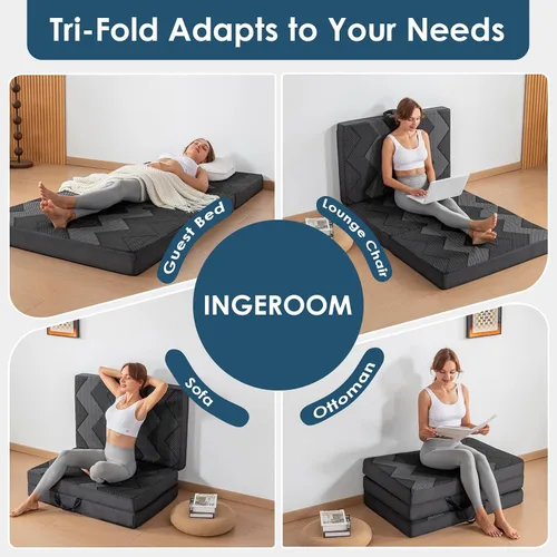 Vista 3 de INGEROOM Colchón plegable individual – Colchón triple de espuma viscoelástica de 4 pulgadas para campamento, con asa portátil, sofá cama plegable