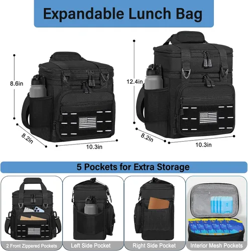 Vista 4 de Bolsa de almuerzo con enfriador - Lonchera táctica aislada para hombres y mujeres - Lonchera grande para adultos, trabajo, al aire libre, turnos