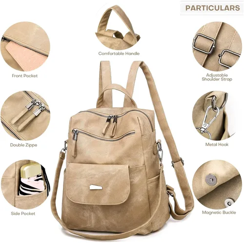 Vista 3 de Mochila de cuero para mujer, mochila de viaje de moda vintage, Caqui, Mochilas de viaje