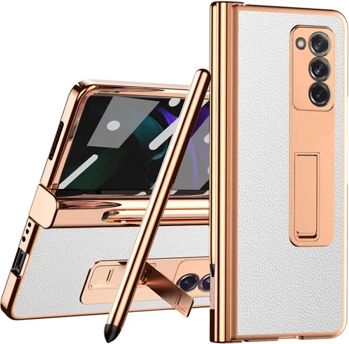 Vista 9 de Miimall Funda compatible con Samsung Galaxy Z Fold 2 con soporte para S Pen y S Pen + cubierta de pantalla + soporte + patrón de cuero chapado todo