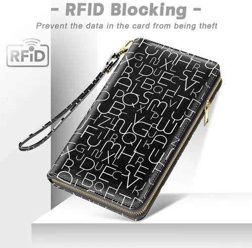 Vista 5 de Cartera para mujer, cartera de pulsera RFID para mujer, monederos de embrague para damas, soporte grande para tarjetas de viaje con soporte