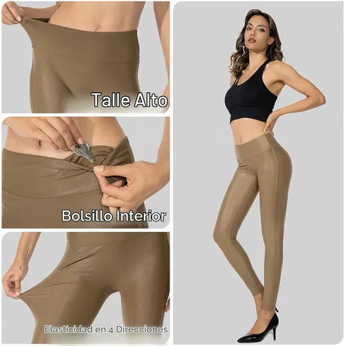 Vista 5 de SANTINY - Pantalones de cuero sintético de 25.5"/27" para mujer, leggings elásticos de cintura alta para mujer Beech Wood