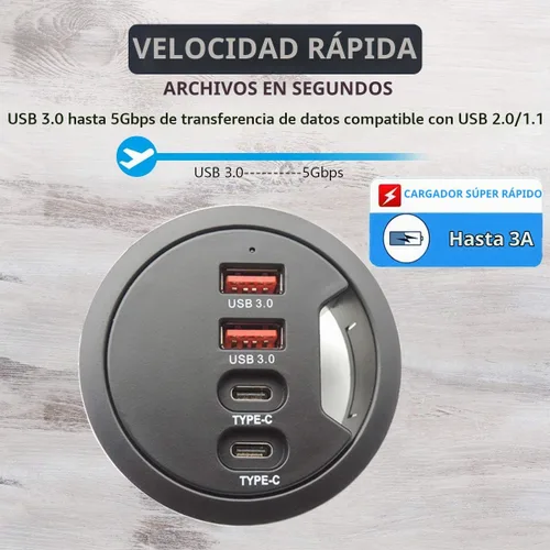 Vista 6 de Hub USB 3.0 con ojal para escritorio (diámetro de 2.36 pulgadas o 2.362 in) 2 puertos tipo A y 2 puertos tipo C, carga compatible y transmisión