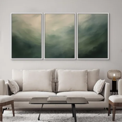 Vista 384 de SIGNWIN Lienzo enmarcado para pared, juego de arte neutro de bosque brumoso, ilustraciones en tono tierra, arte moderno, decorativo, bohemio