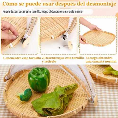 Vista 4 de Patelai 2 piezas cubiertas de bambú para servir alimentos para tienda de campaña al aire libre con cesta de almacenamiento de pan de gasa, cuenco