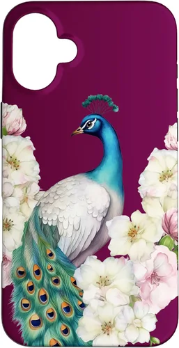 Vista 22 de iPhone 16 Peacock Bird with Long Feathers Watercolor Flowers Case