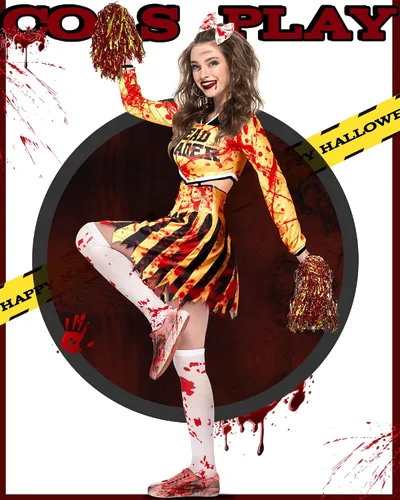Vista 5 de Jecery El disfraz de Zombie Fearleader incluye disfraz de animadora, 2 pompones de animadora de papel metalizado, calcetines de Halloween, 1 lazo