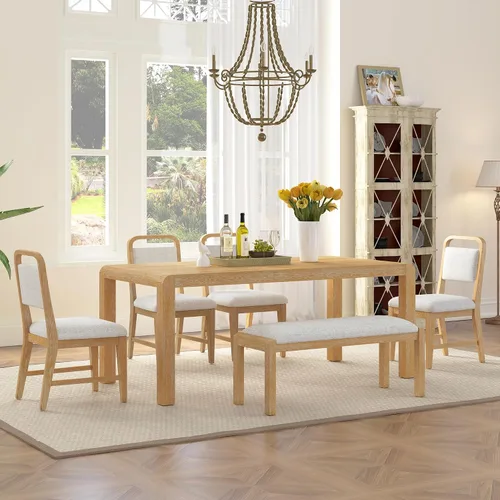 Vista 31 de Juego de mesa retro de comedor de cocina de 7 piezas, mesa extensible de madera maciza de 60 a 78 pulgadas con hojas extraíbles y 6 sillas