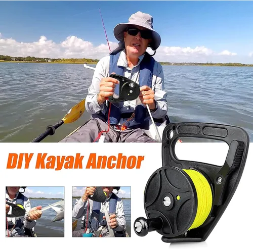 Vista 5 de Anclaje compacto de 150 pies para kayak con tapón de pulgar para buceo submarino de seguridad 150ft Strong Nylon Line, Easy Control Dive Reel
