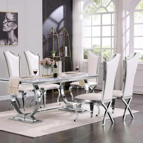 Vista 10 de ACEDÉCOR Juego de mesa de comedor de 5 piezas, mesa de comedor moderna con base en U de metal de acero inoxidable dorado, 4 sillas de comedor