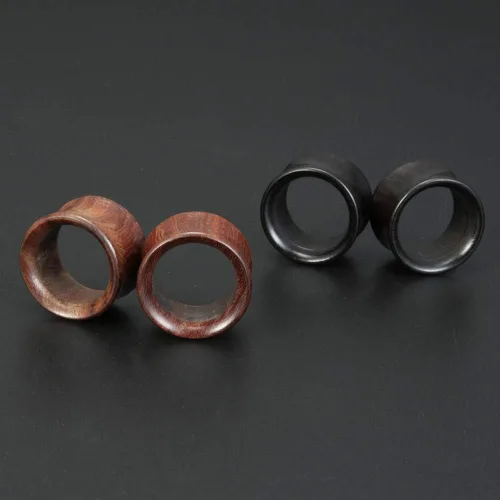 Vista 7 de 2 pares de dilatadores de oreja de madera orgánica marrón de doble acampanado 0G-1116