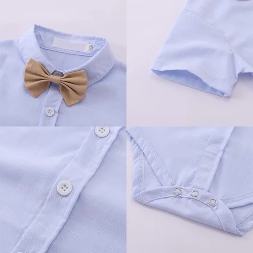 Vista 3 de Conjunto de ropa de tirantes para bebé niño con corbatín, 4 piezas, trajes de manga corta para caballeros
